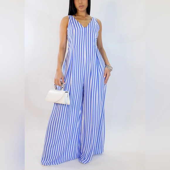 Adanya Boutique Pants - 040. Blue and White Striped Jumpsuit